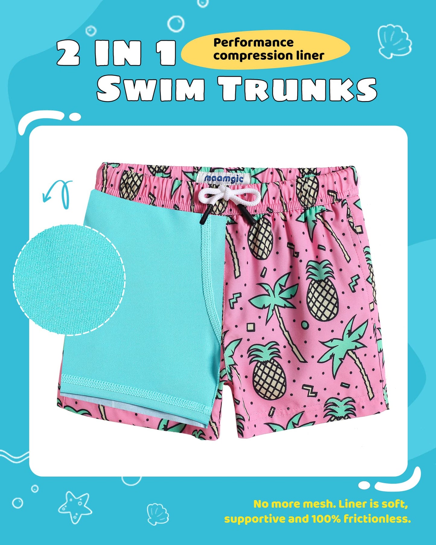 maamgic Boys Swim Trunks with Compression Liner Toddler Stretch Swim Shorts Quick Dry Swimming Trunks Boxer Brief 2 in 1 Beach Shorts Rose Coconut 8