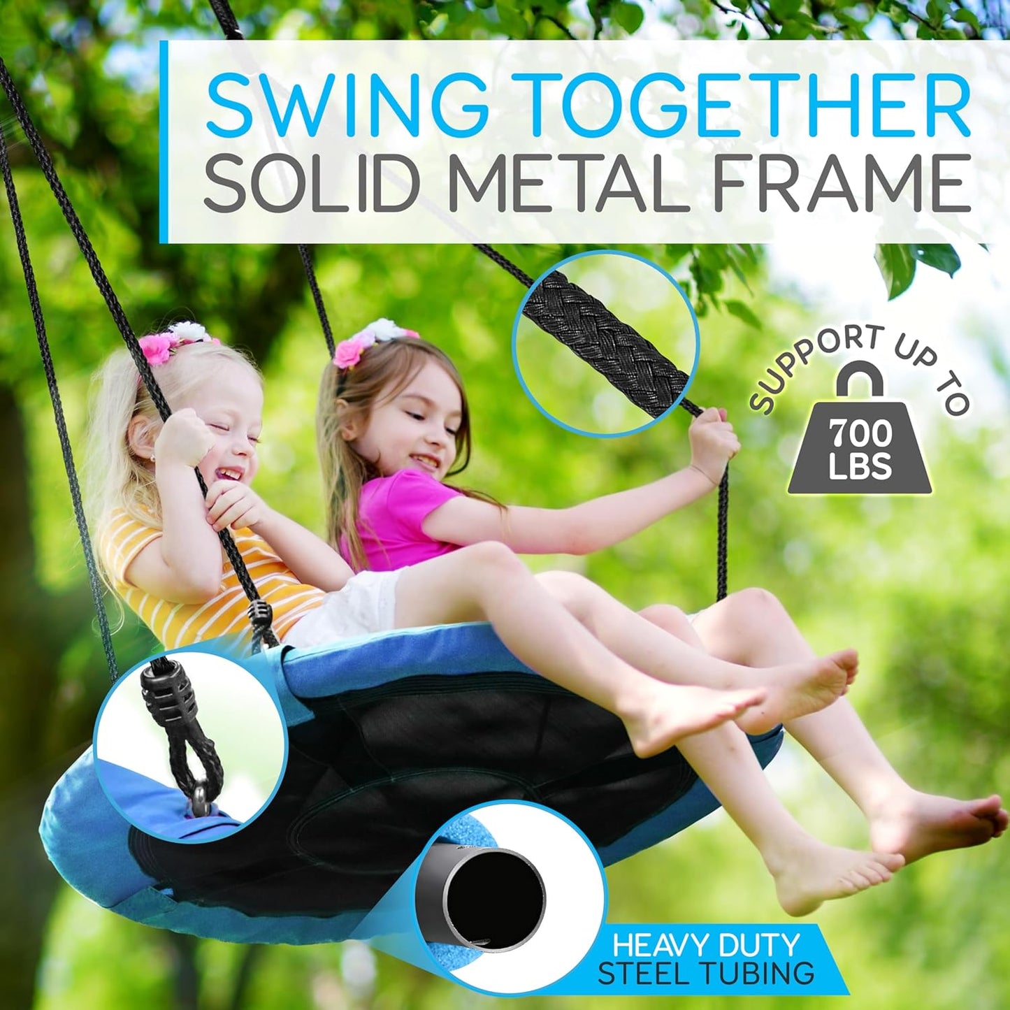 SereneLife Outdoor Tree Swing - 40” Saucer Swing with Adjustable Ropes & Center Swivel Spinner for Kids | Blue