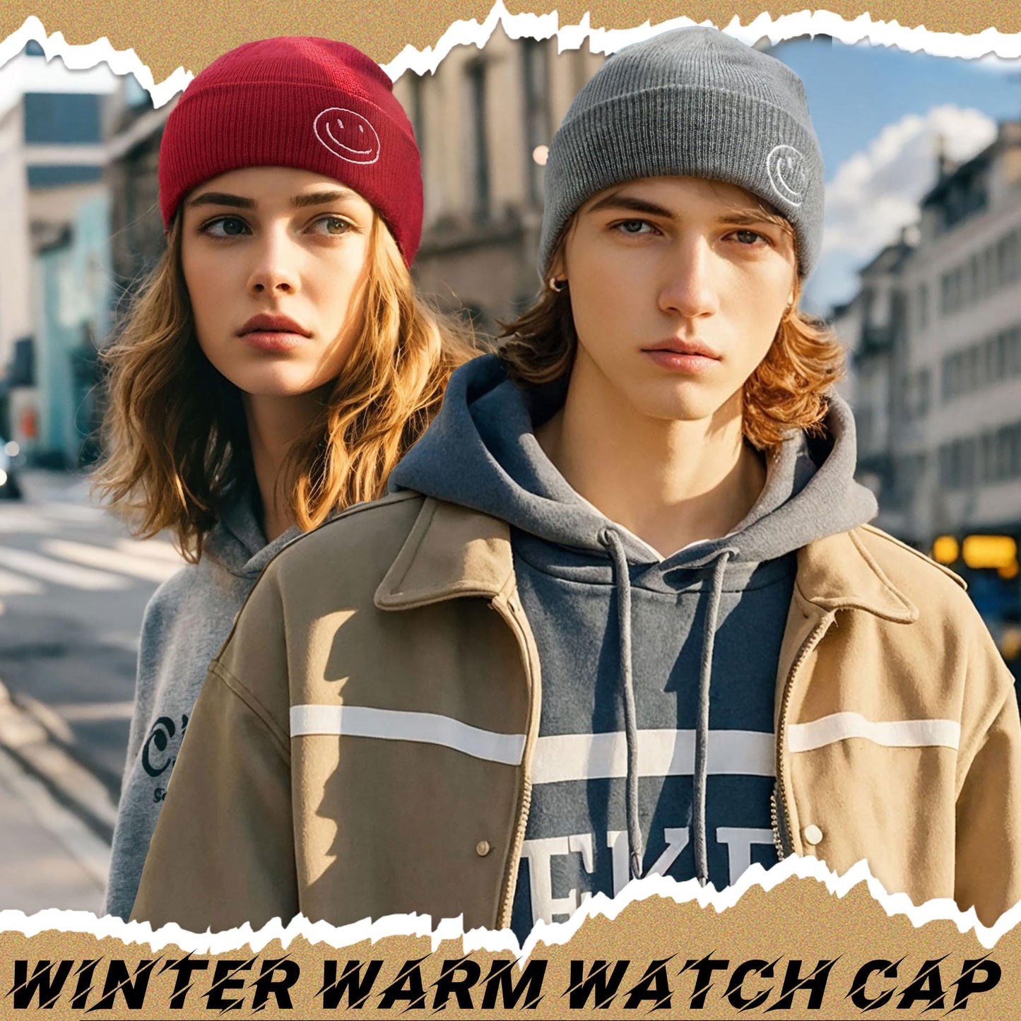 CLAPE Beanie Hat for Men, Cute Embroidery Smiley Face Winter Hat Women Outdoor Ski Snowboarding Knit Cuffed Fisherman Beanie