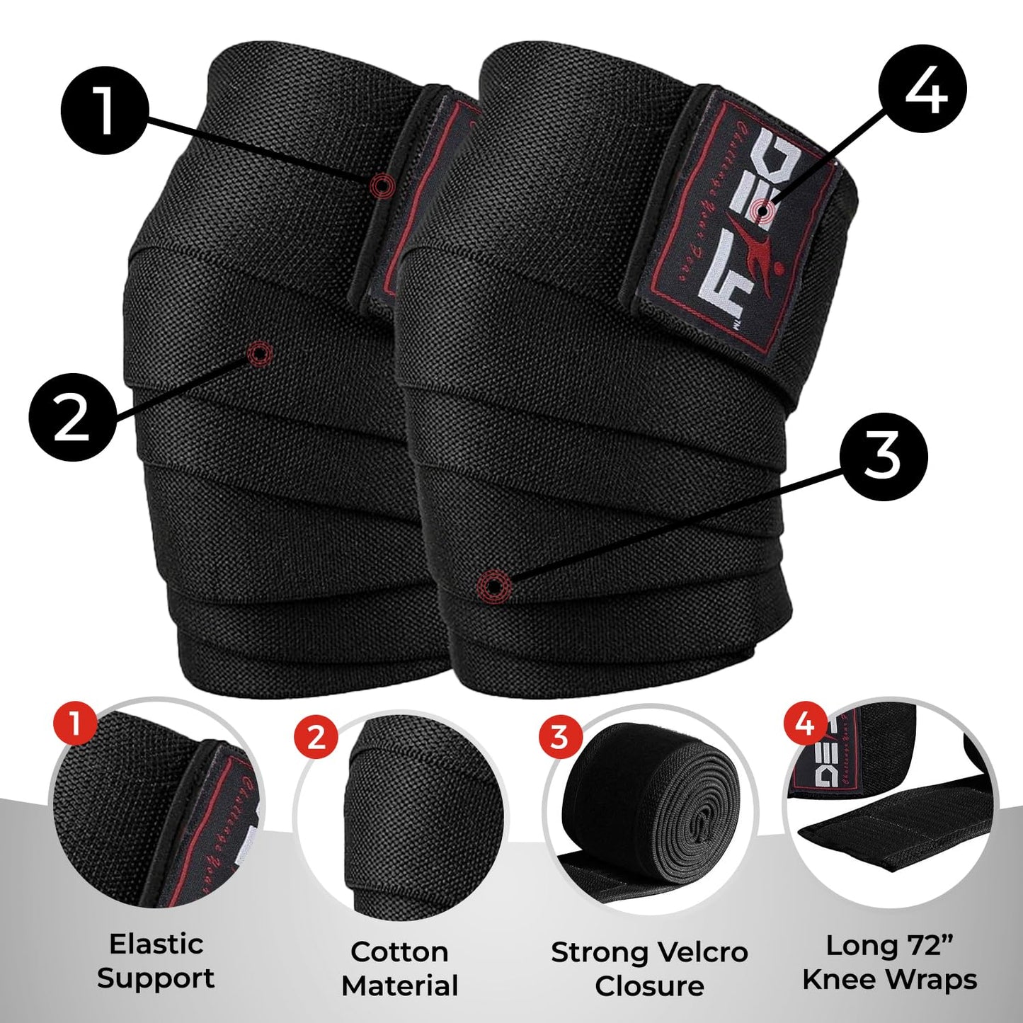 DEFY Sports' Knee Wraps for Weightlifting - Provides Knee Support for Powerlifting, Squats & Fitness Workouts - Ideal Knee Wrap for Men and Women (1 PAIR) (Black)