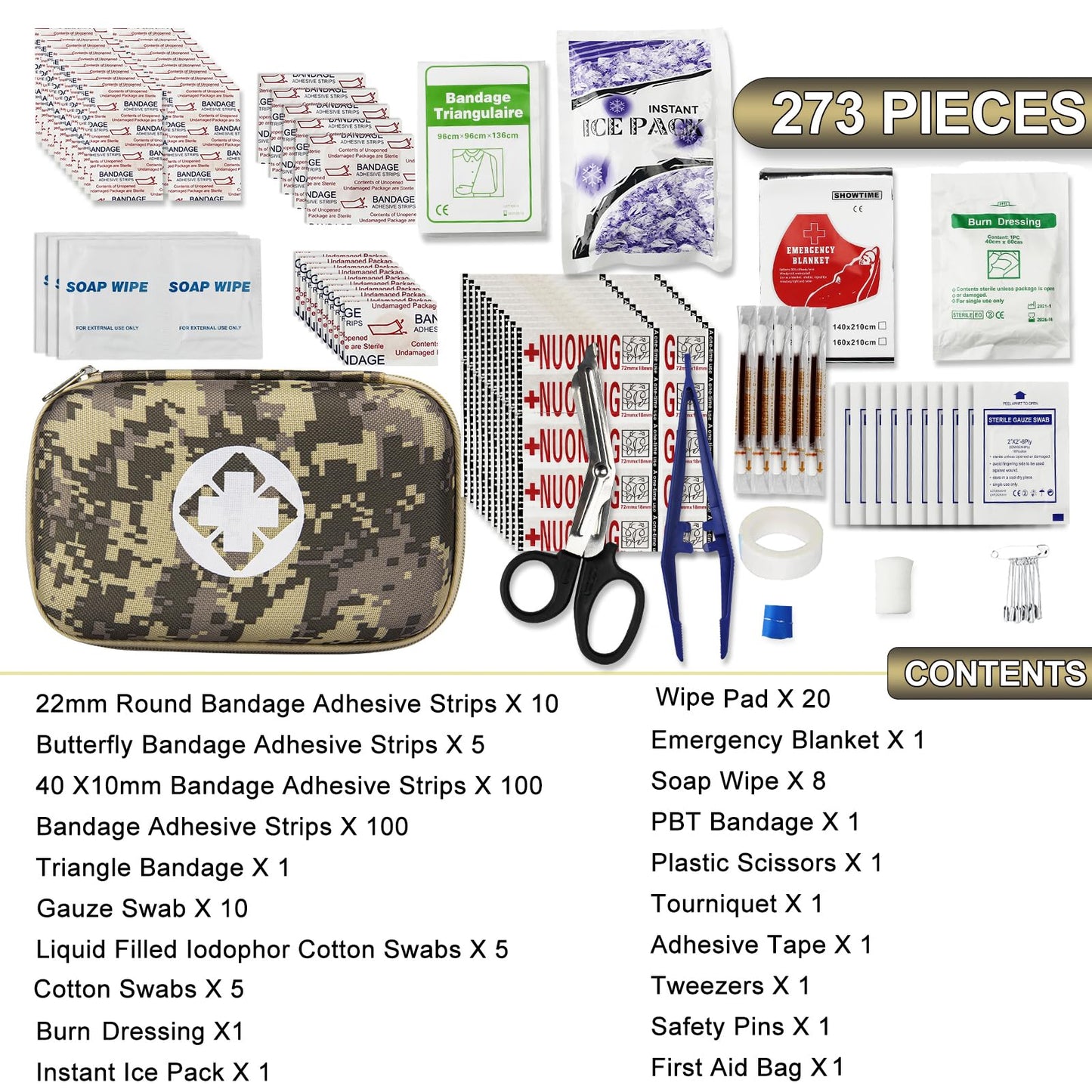 Car-Home Survival First-Aid Kit Emergency-Kit - Camouflage 273Piece Equipment Travel Supplies First Aid Set Home Essentials Camping Hiking YIDERBO