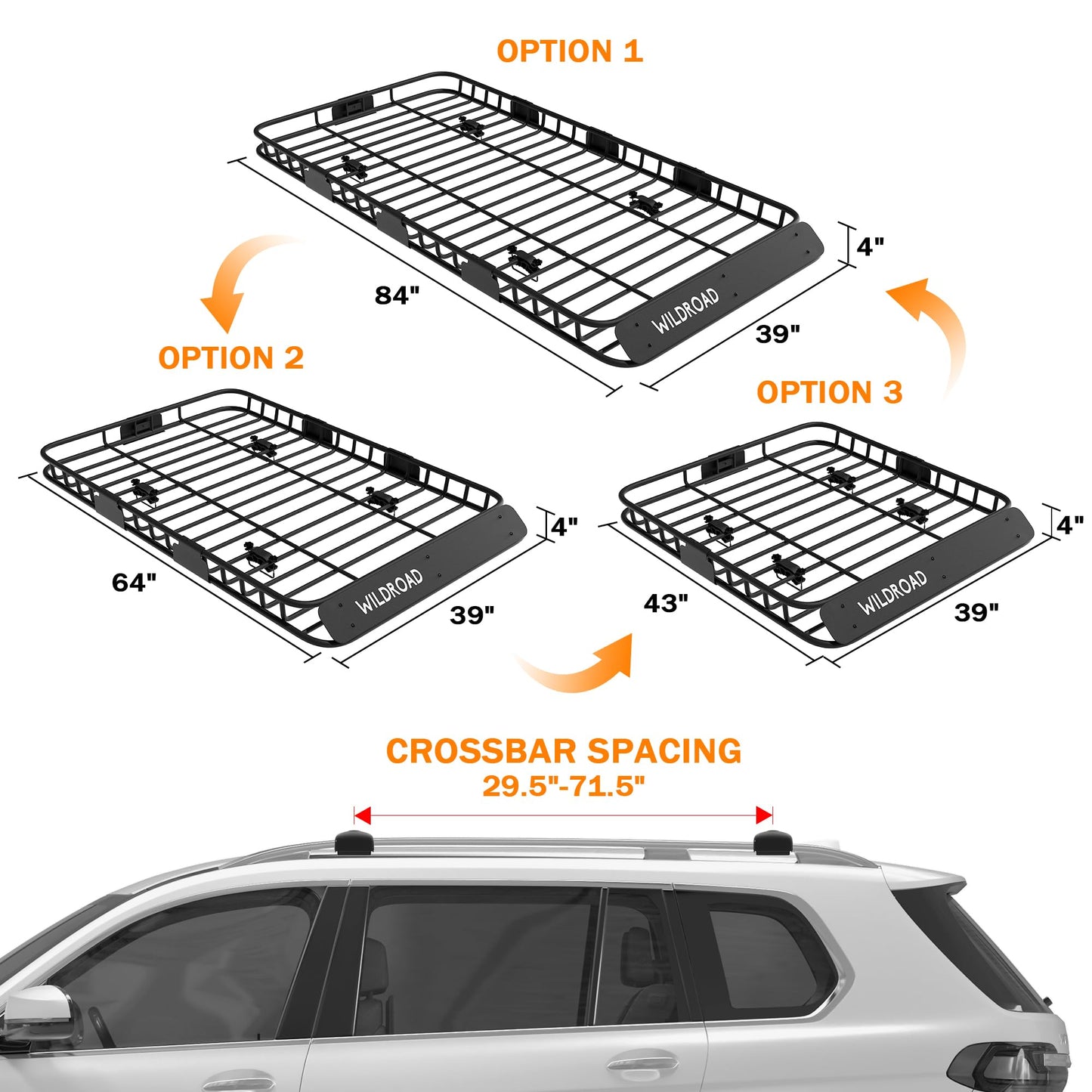 WWILDROAD Car Roof Cargo Carrier Combo of Upgraded 84"x 39"x 4" Roof Rack Cargo Basket, Super Duty Bungee Cargo Net. Universal Car Top Luggage Holder Carrier Basket Fits for SUV Truck Cars