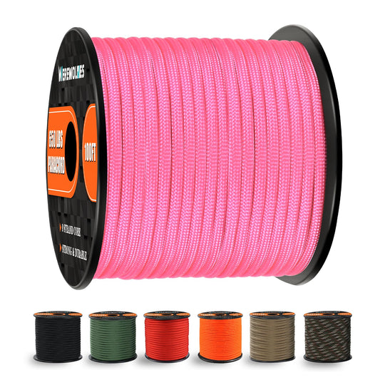 WEREWOLVES 650lb Paracord/Parachute Cord - 9 Strand Paracord Rope - 100', 200' Spools of Parachute Cord, Type III Paracord for Camping, Hiking and Survival (Pink, 100 Feet)