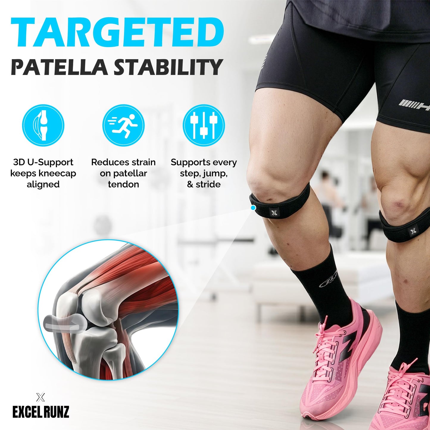 SPINIFLY ExcelRunz Patella Tendon Knee Strap 2 pack, Knee Support, Knee Pain Relief Brace, Running, Hiking, Soccer, Tennis, Gym and Tendonitis - M size