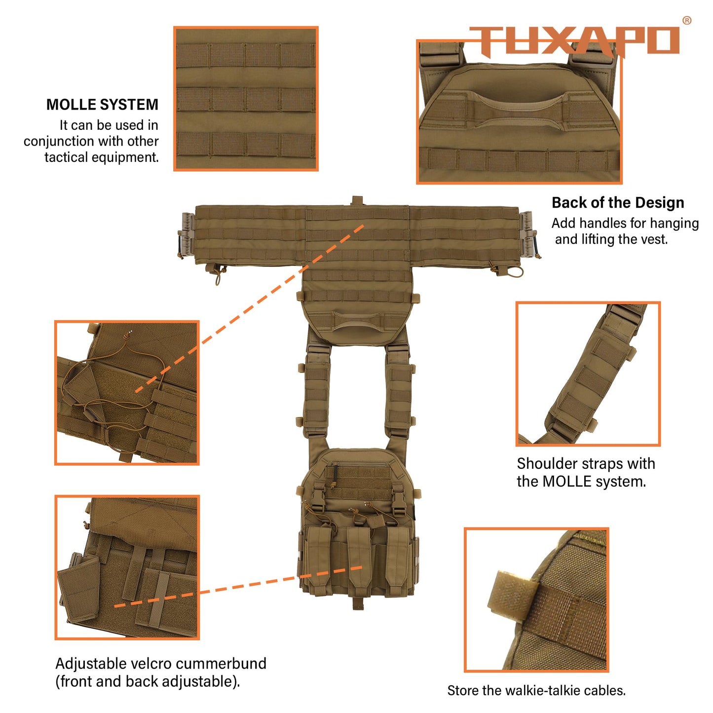 Tuxapo Tactical MOLLE Vests with Triple mag Pouch and Side Cummerbund Pouches, Quick Release Vests for Men