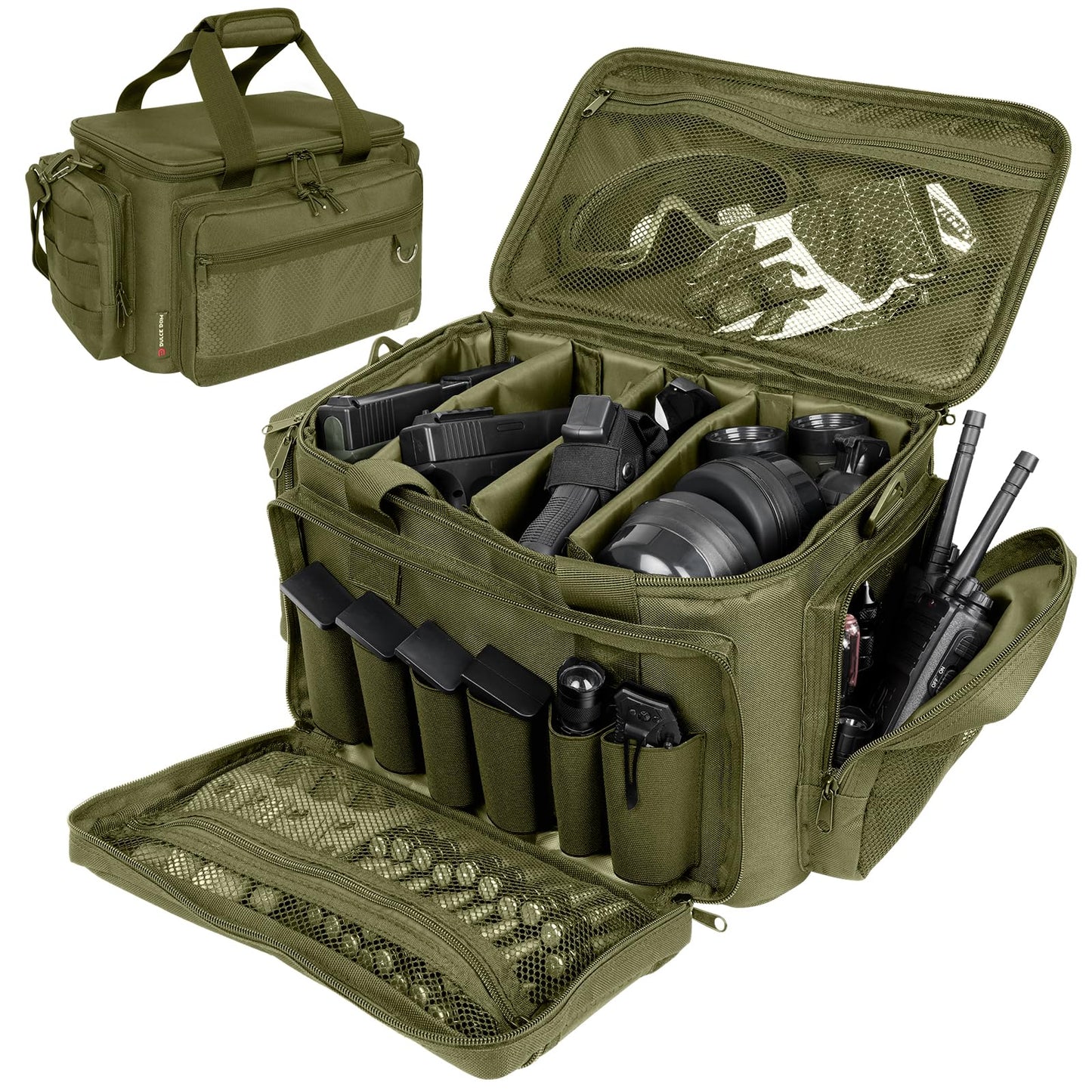 DULCE DOM Tactical Gun Range Bag for Handguns & Pistols - Lockable Compartment, Ammo Storage, Magazine Slots, Durable Range Essentials Bag (GREEN)