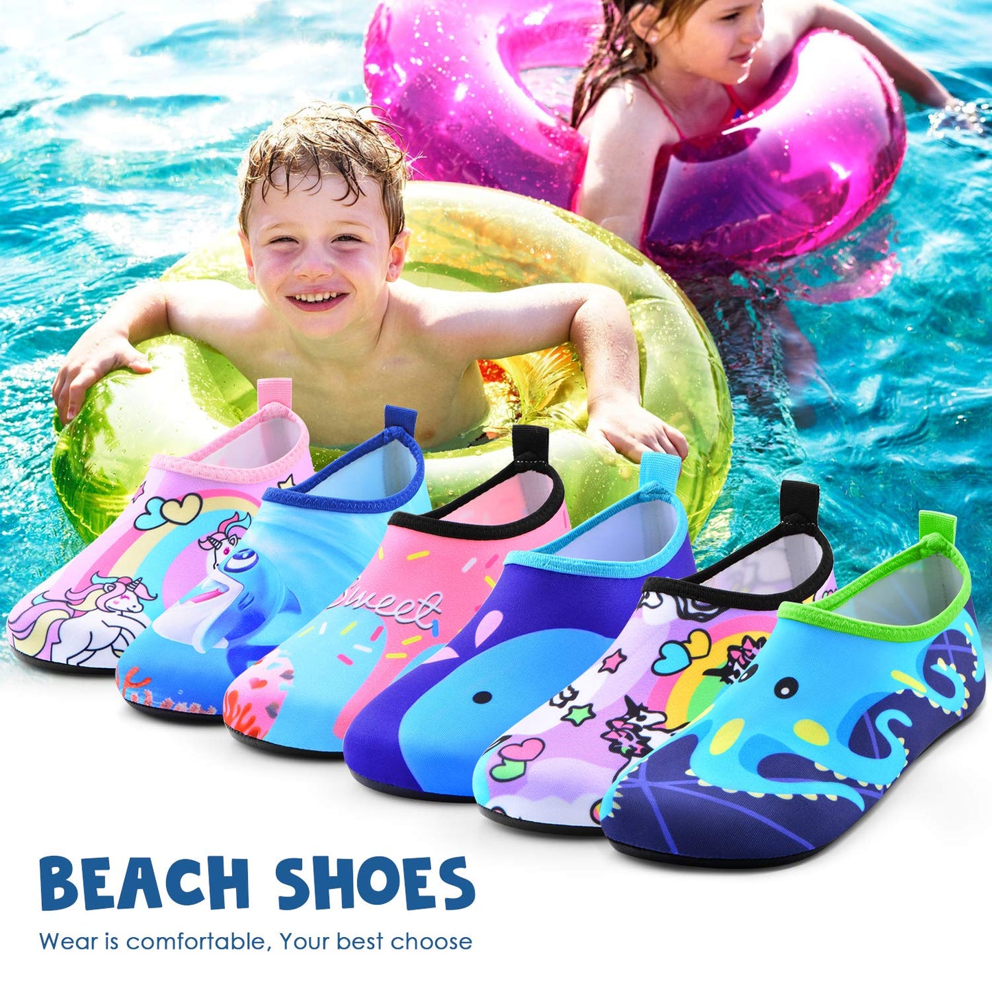 Sunnywoo Water Shoes for Kids Girls Boys,Toddler Kids Swim Water Shoes Quick Dry Non-Slip Water Skin Barefoot Sports Shoes Aqua Socks for Beach Outdoor Sports,9-10.5 Little Kid,Sea World-A