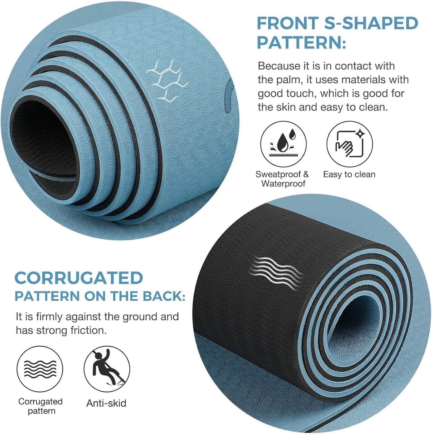 Yoga Mat Non Slip TPE Thick Yoga Mat with Alignment Mark, Large Size 72"L x 32"W x 0.32"Th or 0.24"Th, Anti-Tear Exercise & Fitness Mat for Yoga, Pilates & Floor Workouts (Blue Black, Thickness-6mm)