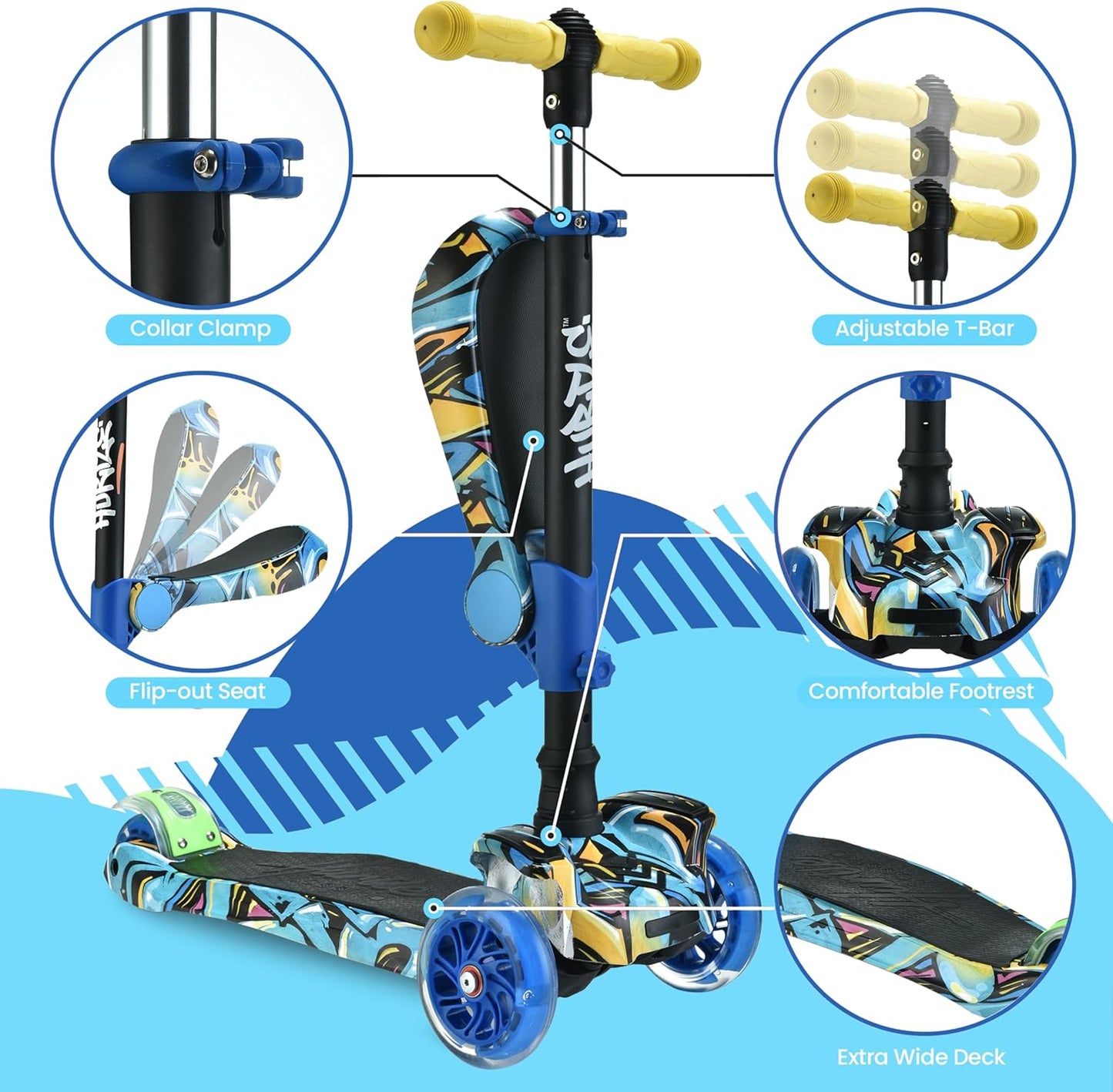 Hurtle 3-Wheeled Kids Scooter - LED Wheel Lights, Adjustable Handlebar & Foldable Seat | Sit or Stand Ride for Ages 1-14