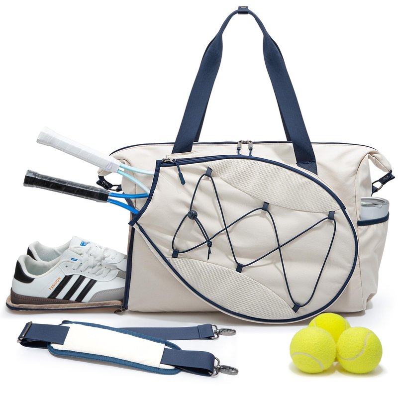 Smasrob Tennis Travel Bag for Women with Exterior Drawstring Racket Pocket and Separate Shoe Compartment, Weekend Bags with Wet Pocket and Laptop Pocket, Beige