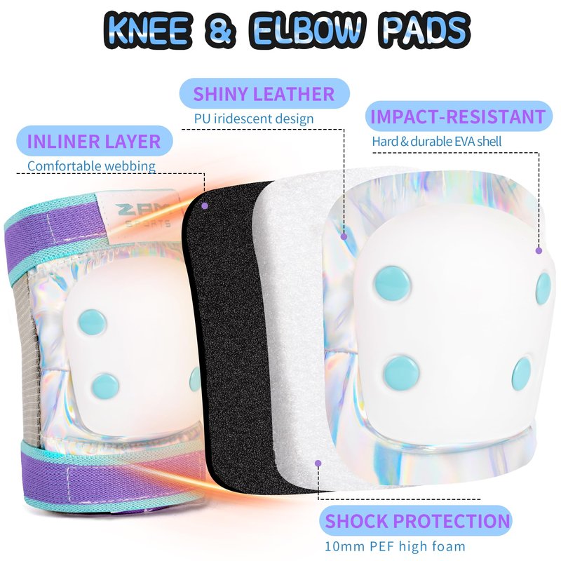 2PM SPORTS Knee Pads for Women, Wrist Guards Knee and Elbow Pads Set with Drawstring Bag, Protective Gear Set for Girls Kids Roller Skating Skateboard - Blue & Purple Medium