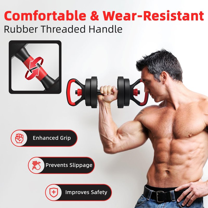 Fitvids Multi-Functional Changeable Dumbbell and Barbell Kettlebell Set with Adjustable Weights, 60LBS, 4 in 1