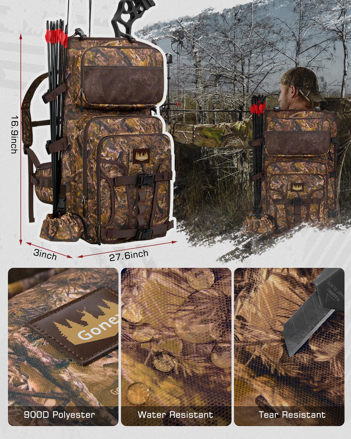 Gonex Hunting Bow Case Backpack with Detachable Arrow Tube, 900D Waterproof Polyester, Full-Padded Protection, Archery Bag with Multi-Pockets & Game Hauling Straps for Compound Bow Camo Brown