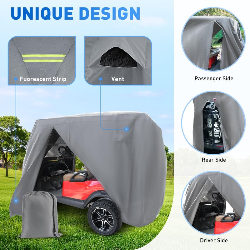 FIXHAWK 2/4 Passenger Golf Cart Cover for Club Car, EZGO,Yamaha Model, 420D PU Oxford Fabrics Waterproof Golf Cart Covers All-Weather Protection Full Cover 3-Zipper (Gray)