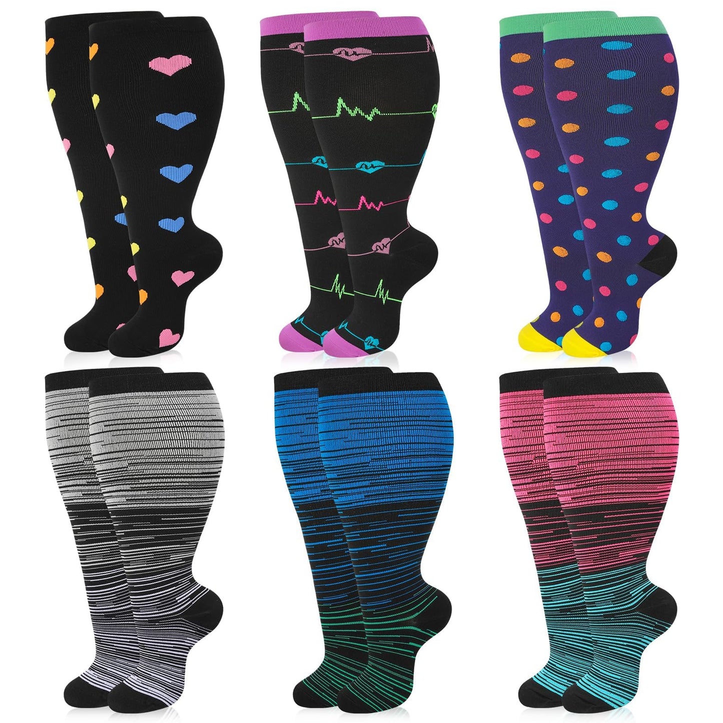 Jspupifip 6 Pairs Plus Size Compression Socks for Women Wide Calf Extra Large Knee High Support for Travel Yoga Running Circulation, 3X-Large