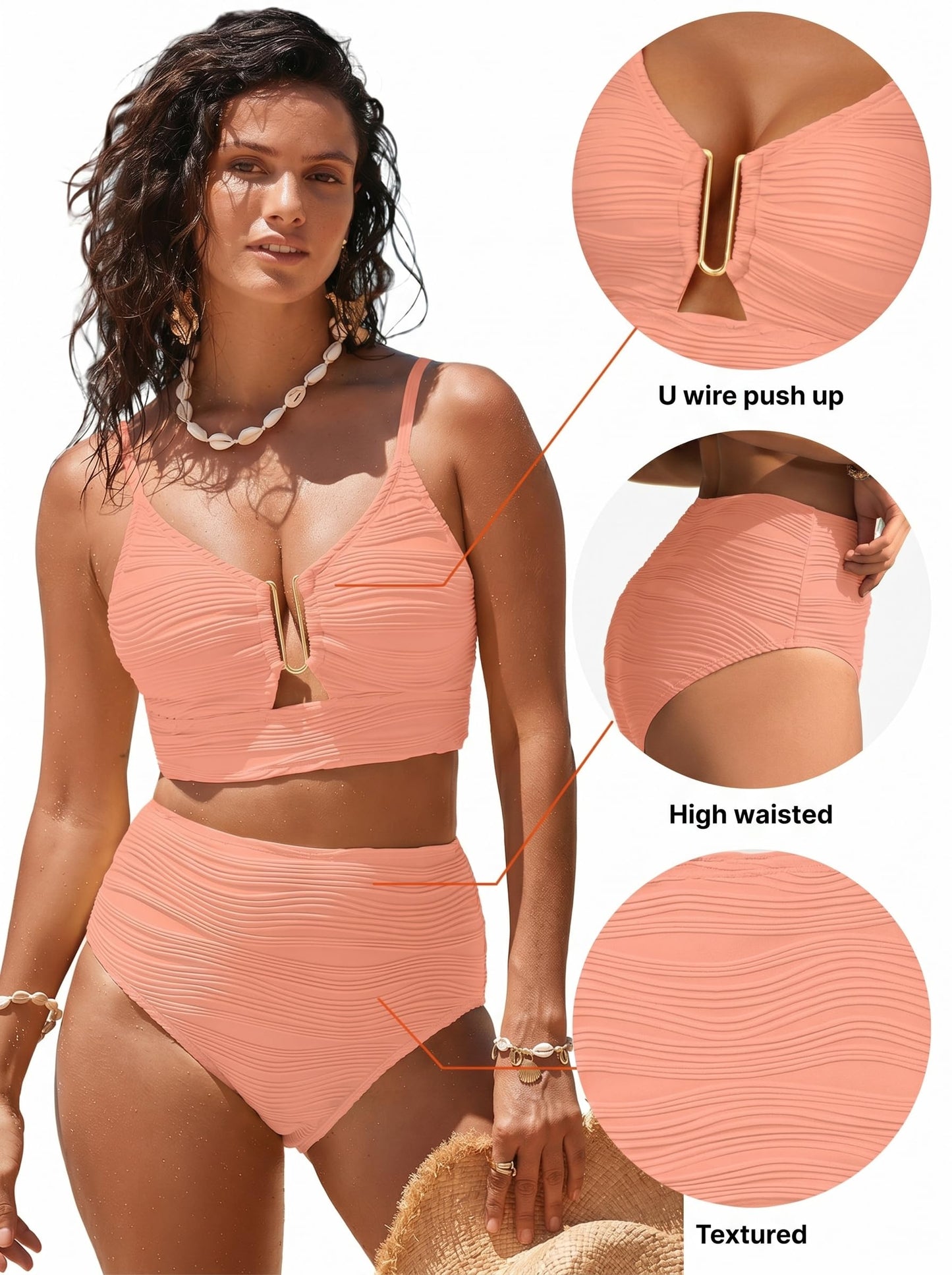 Herseas Womens Sexy U Wired Ruched Push Up Two Piece Bikini Tummy Control Bathing Suits High Waisted Cutout Adjustable Straps Flattering Swim Suits Casual Resort Wear Apricot Pink Medium