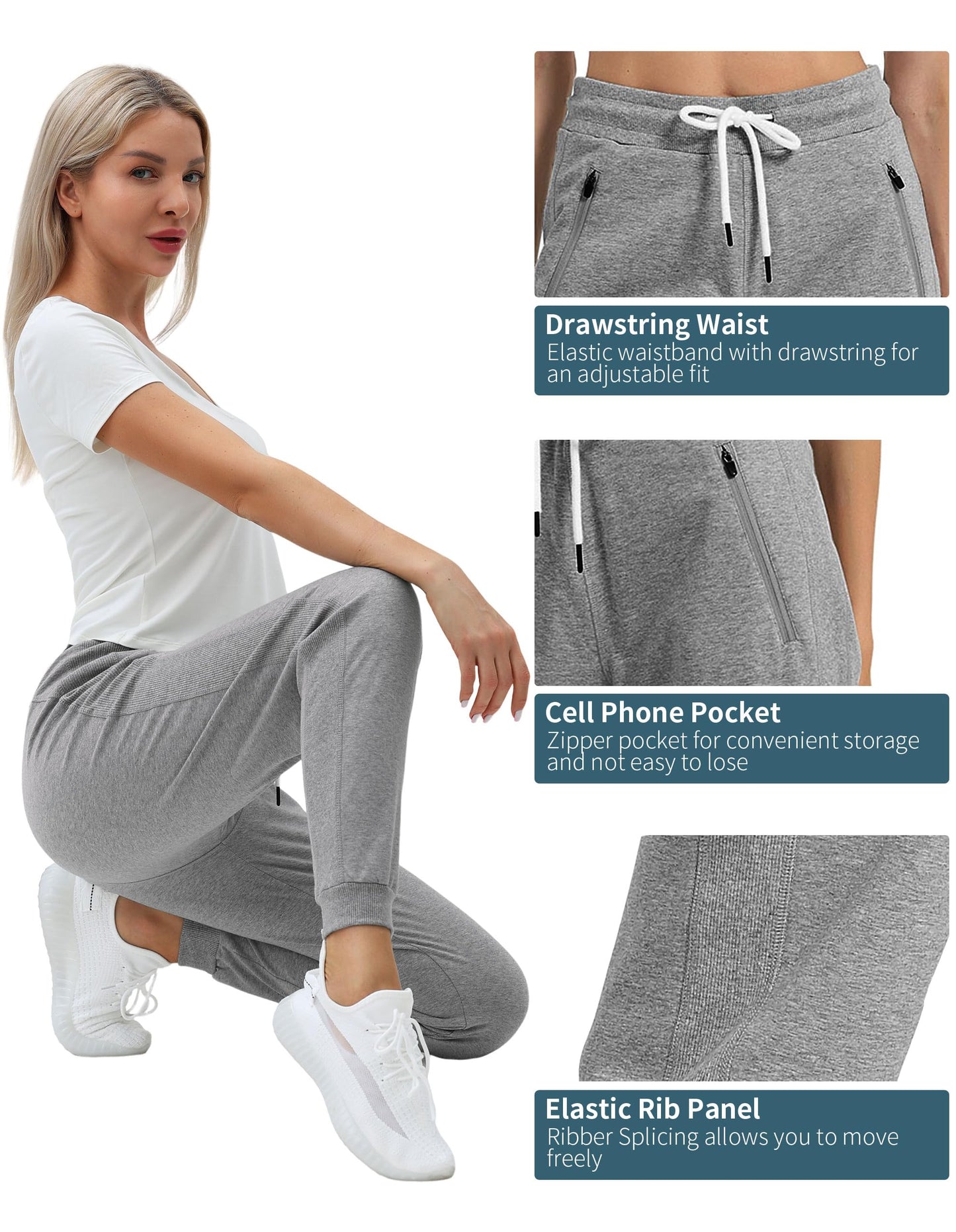 PULI Women's Sweatpants Cotton Joggers with Zip Pockets Heather Grey L