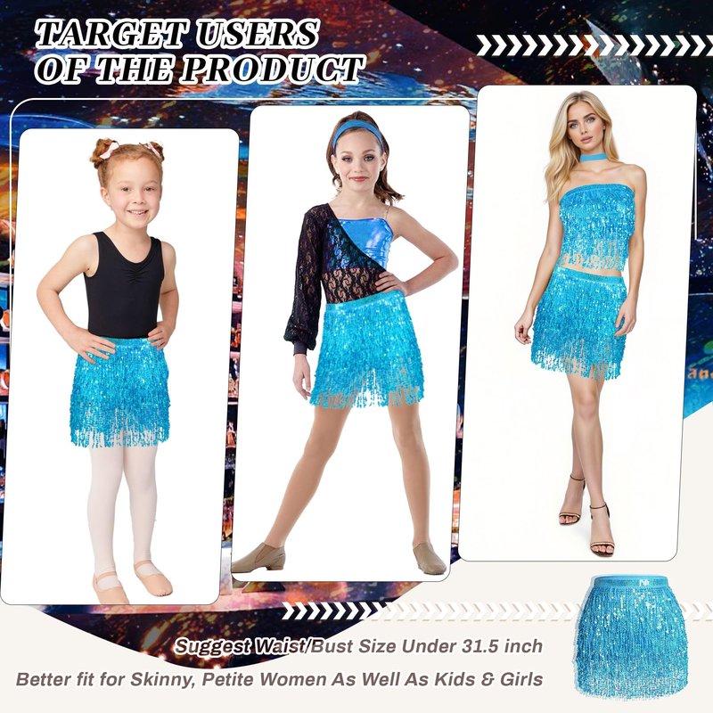 Baisdan Sequin Skirts for Women (Waist/Bust Under 31.5"), Sparkly Skirts for Girls 2 Piece Set, Tassel Skirt for Kids, Christmas New Years Eve Festival Outfits, 2Pack, Light Blue