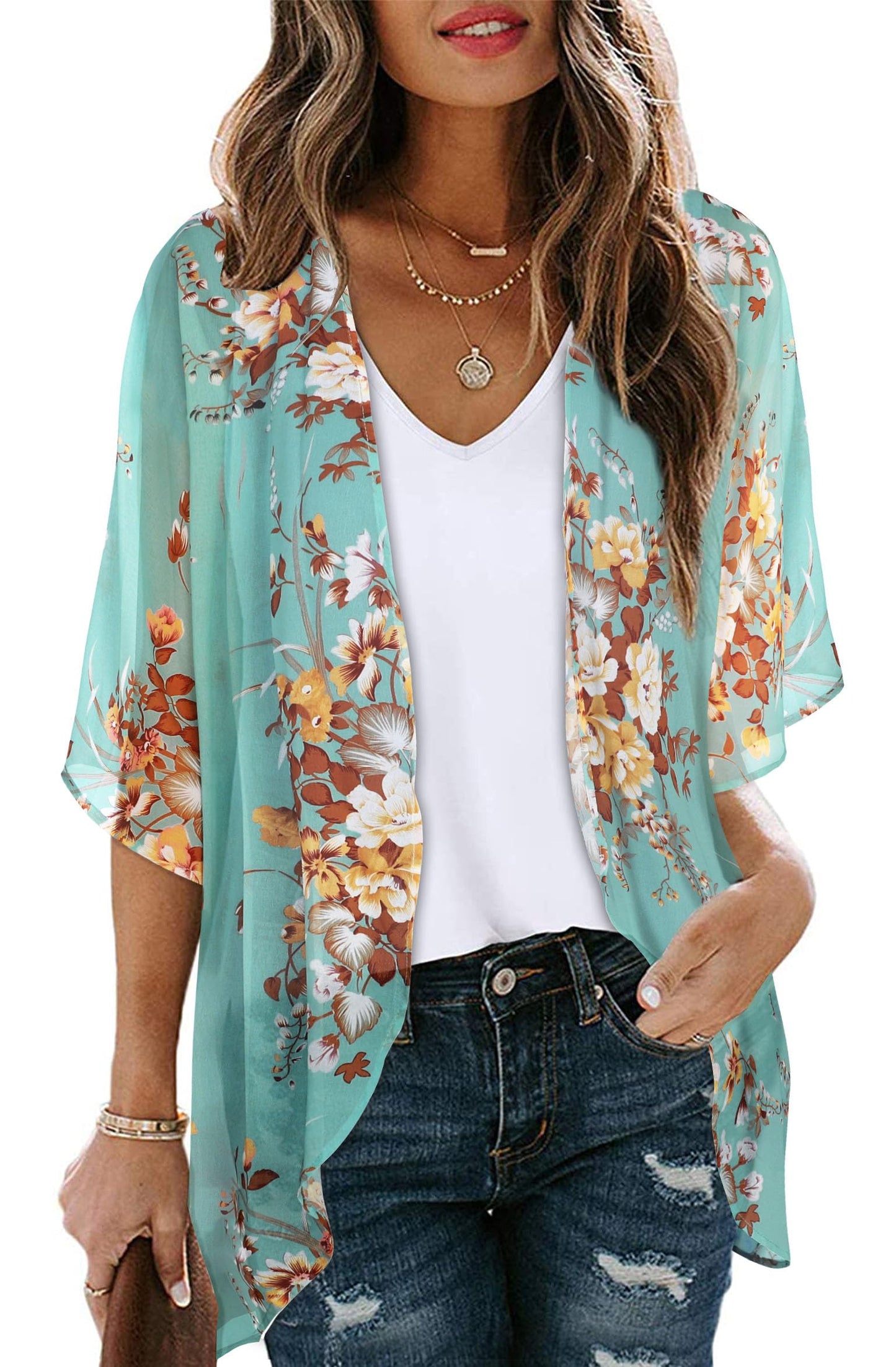 Womens Kimonos Bathingsuit Cover Ups Floral Cardigan 3/4 Sleeves Shrug Summer Tops Resortwear(Aqua Blue,3XL)
