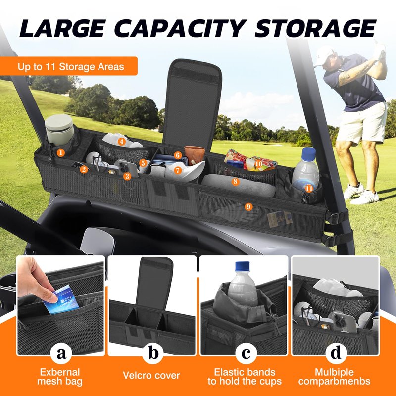 1680D Heavy-Duty Golf Cart Storage Basket - Multi-Functional No-Drilling Organizer with Cup Holder, Fits EZGO/Club Car/Yamaha/Kandi Golf Carts
