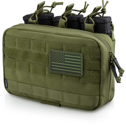 WYNEX Tactical Mag Admin Pouch, Molle Utility Tool Pouch Medical EMT Organizer with Triple Stacker Magazine Holder for M4 M16 Patch Included Army Green