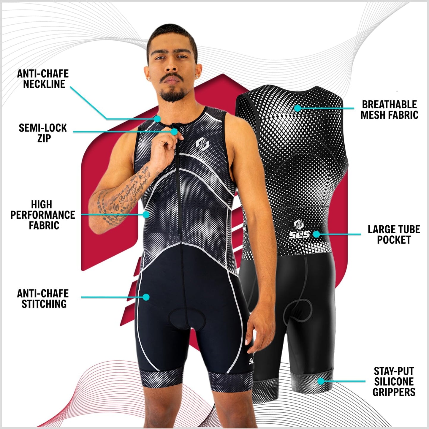 SLS3 Triathlon Suits Mens - Premium Trisuit Triathlon Men - Sleeveless, Quick Drying Tri Kit with Large Back Pocket (Red Wave, X-Large).