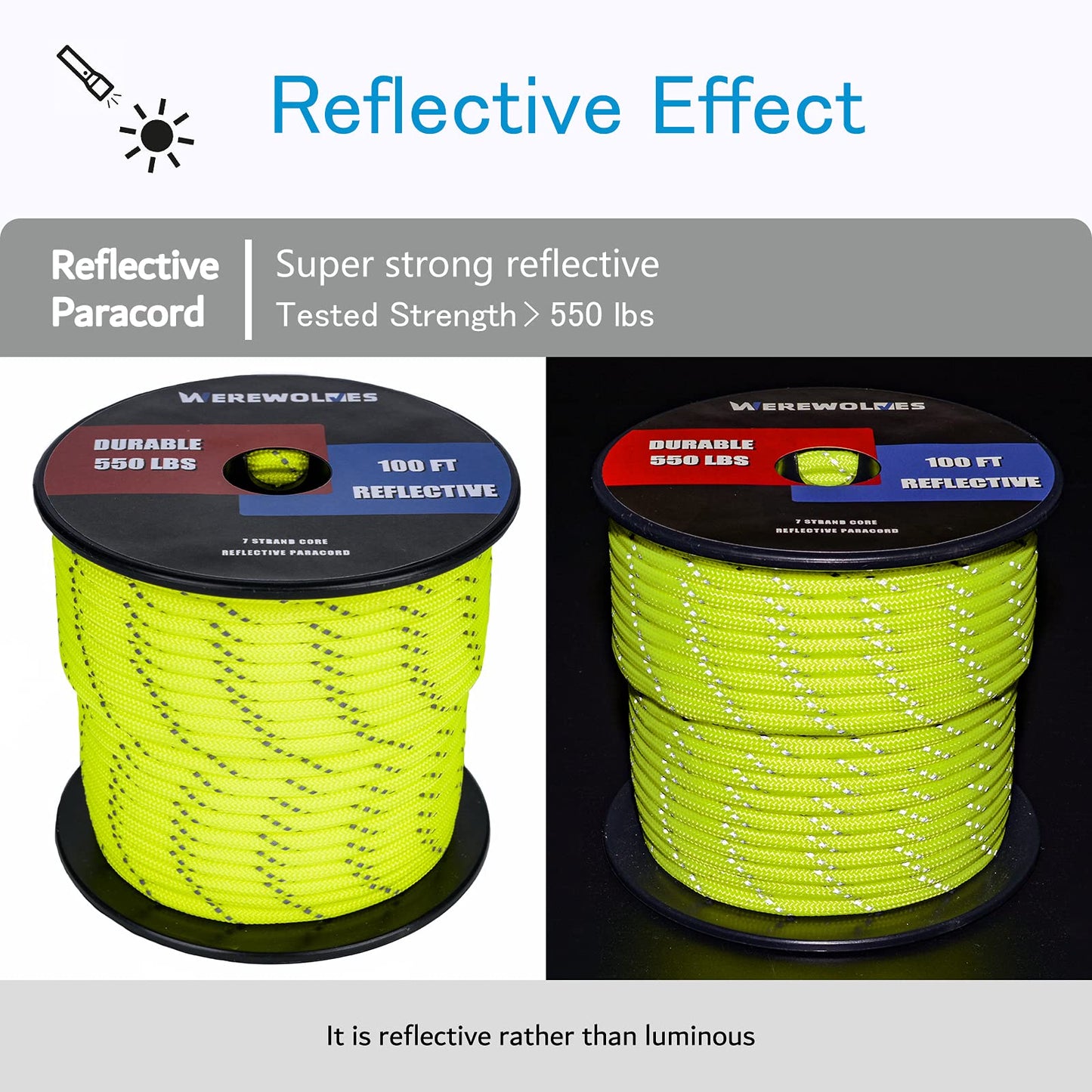 WEREWOLVES Reflective 550&176 lb Paracord - Nylon, Rope Roller,7&3 Strand Utility Parachute Cord for Camping Tent, Outdoor Packaging