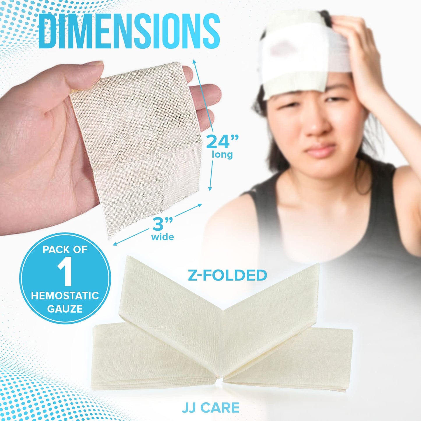 JJ CARE Z Folded Hemostatic Gauze (Pack of 1), 3"x24" Quick Clotting Combat Gauze Hemostatic Dressing for Emergency Trauma, Immediate Hemostasis Clotting Gauze for Camping Essentials & Emergency Kits