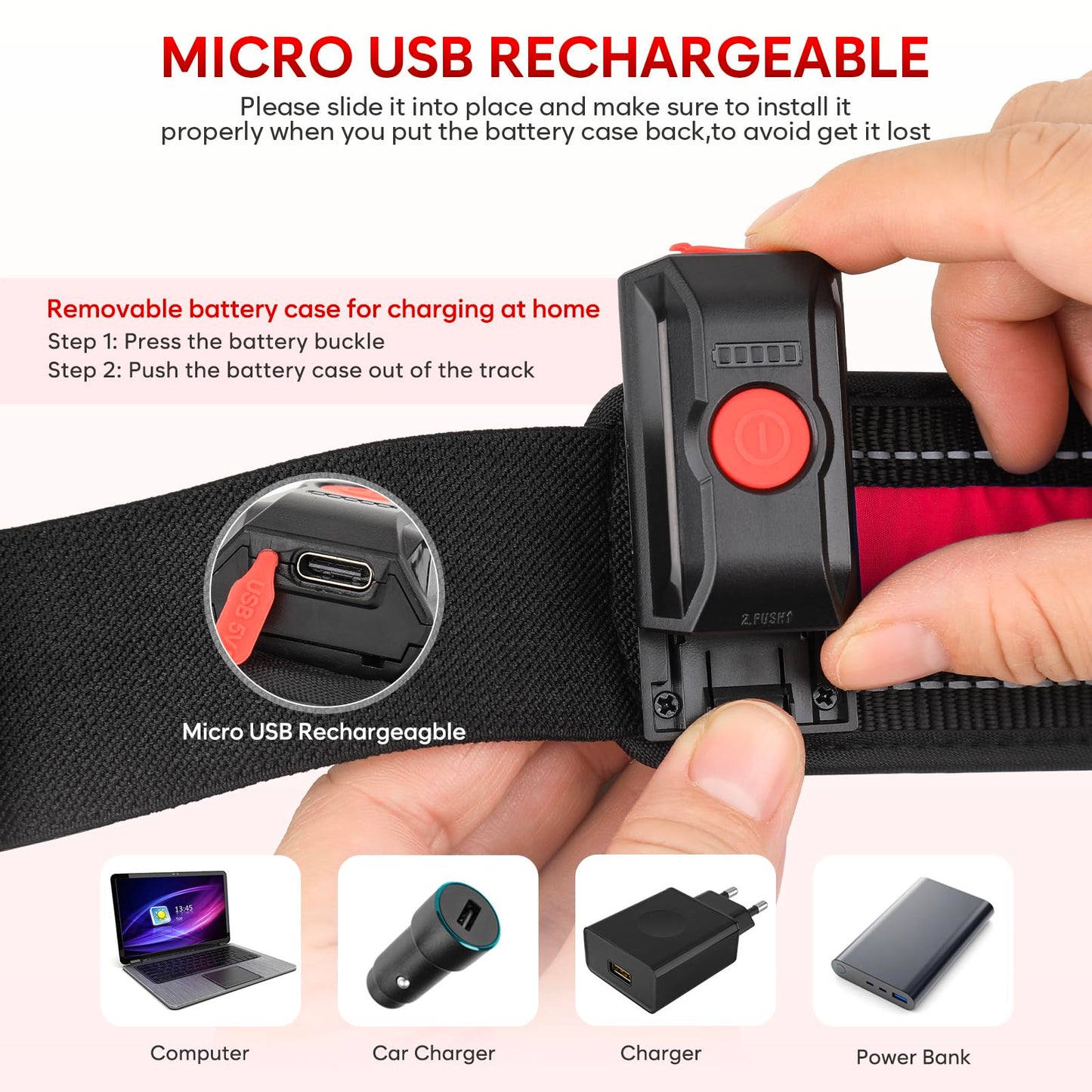 Illumifun LED Running Belt, Light Up LED Waist Belt, High Visibility Gear for Running Walking Cycling Camping (Red)