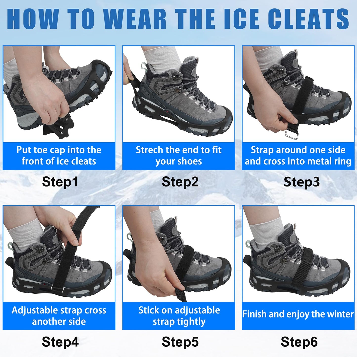 Ice Cleats, Crampons Snow Traction Ice Cleats for Shoes and Boots Women Men, Non Slip Grippers Spikes for Shoes with Straps, Slip-on Rubber Overshoe Stretch Footwear for Winter Walking Hiking Fishing