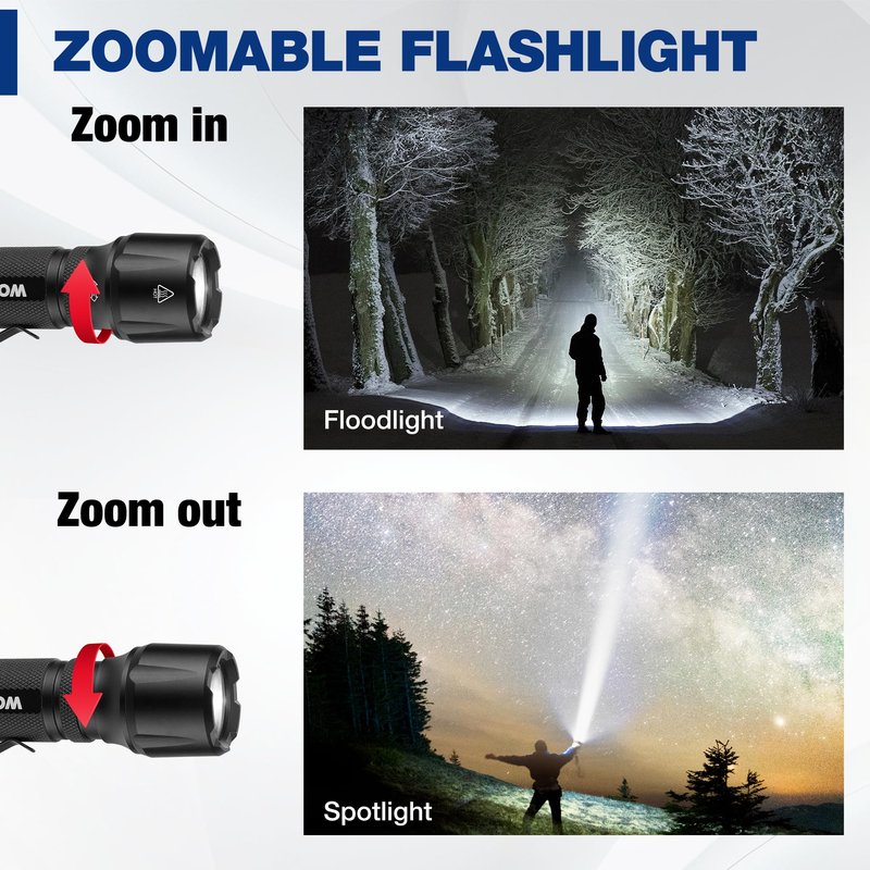 WORKPRO 1200LM Rechargeable Tactical Flashlight, EDC Mini Flashlight, Pocket Flashlight with Clip & Lanyard, 7 Light Modes, Zoomable Adjustable Focus, Includes Lithium Battery & Alkaline Battery
