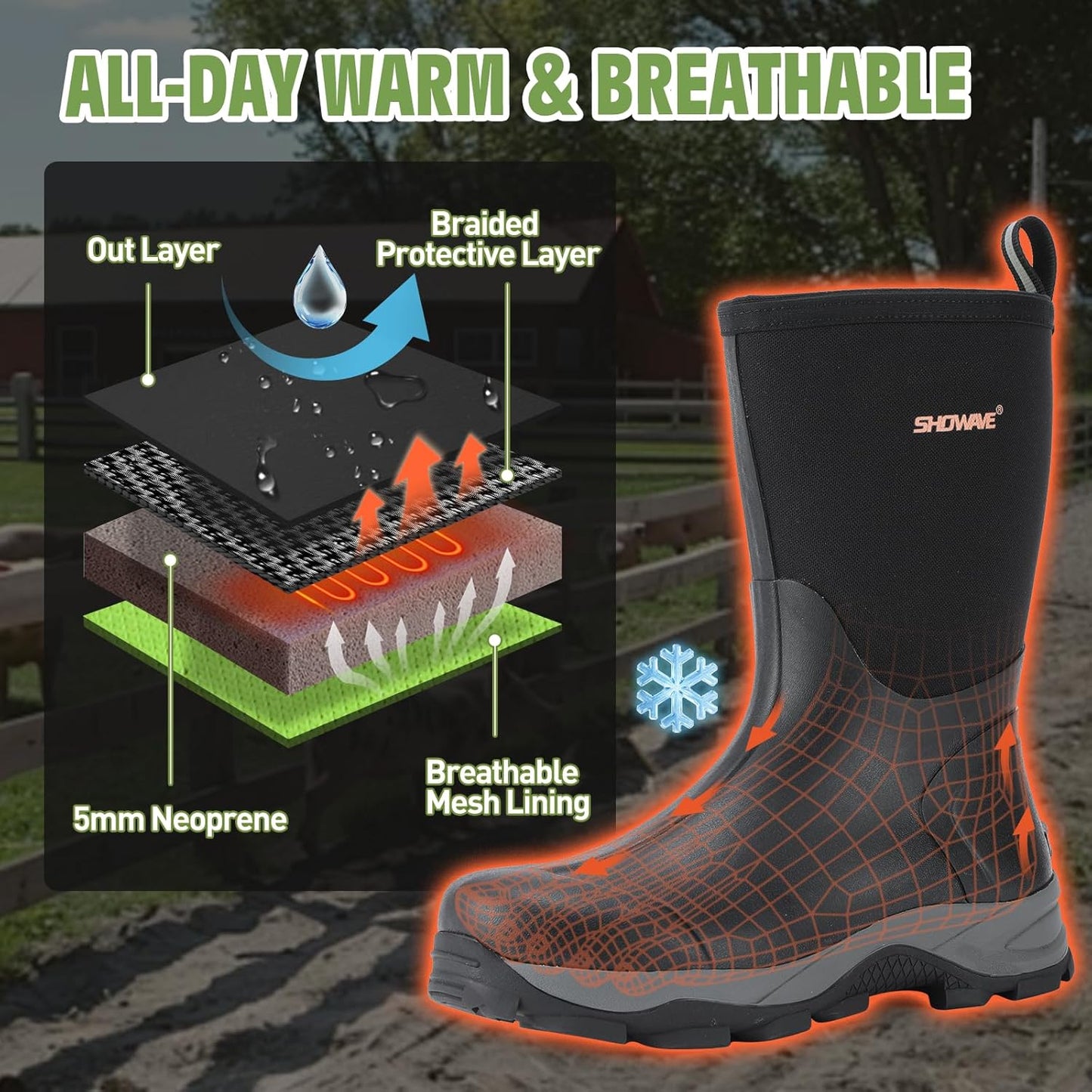 Men's Waterproof Insulated Mid Calf Rubber Work Boots - Outdoor Gardening | Durable & Comfortable