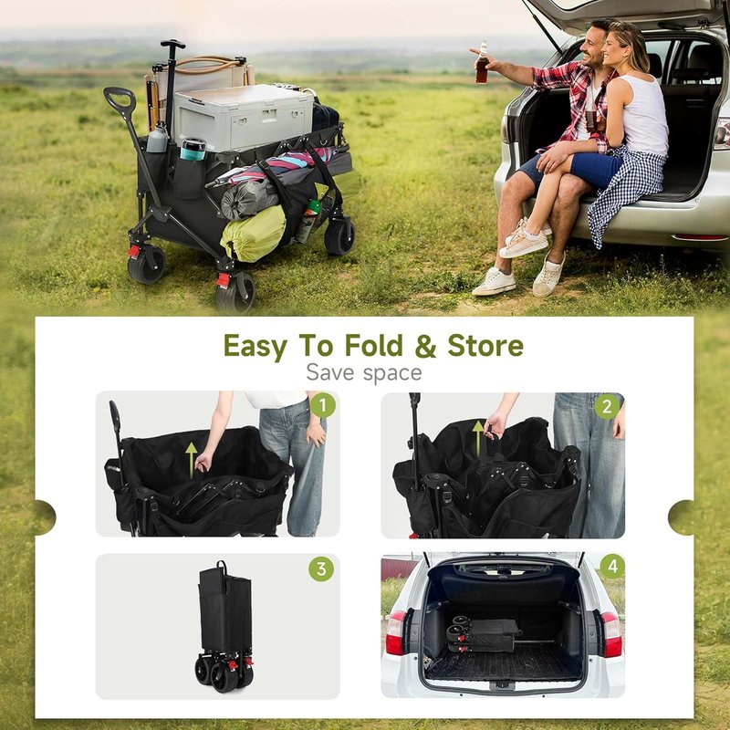 Collapsible Wagon Cart - Heavy Duty Utility Wagon with 400 lbs Capacity | 7 cu ft Storage, Big Wheels for Beach, Garden & Camping