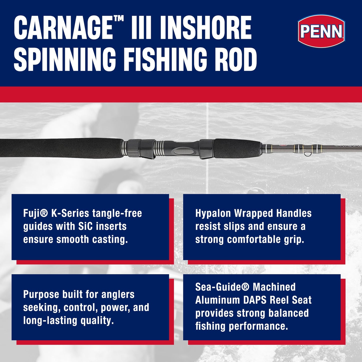 Penn Carnage III Inshore Spinning Fishing Rod, Silver/Black/Gold, 7' - Medium Heavy - 1pc