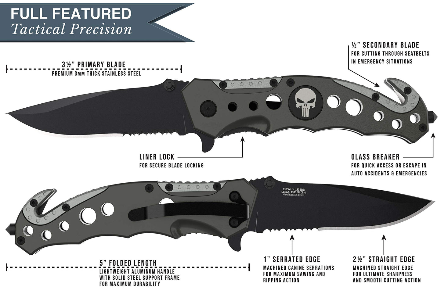 Swiss Safe 3-in-1 Tactical Knife for Military and First Responders - Navy SEAL Black