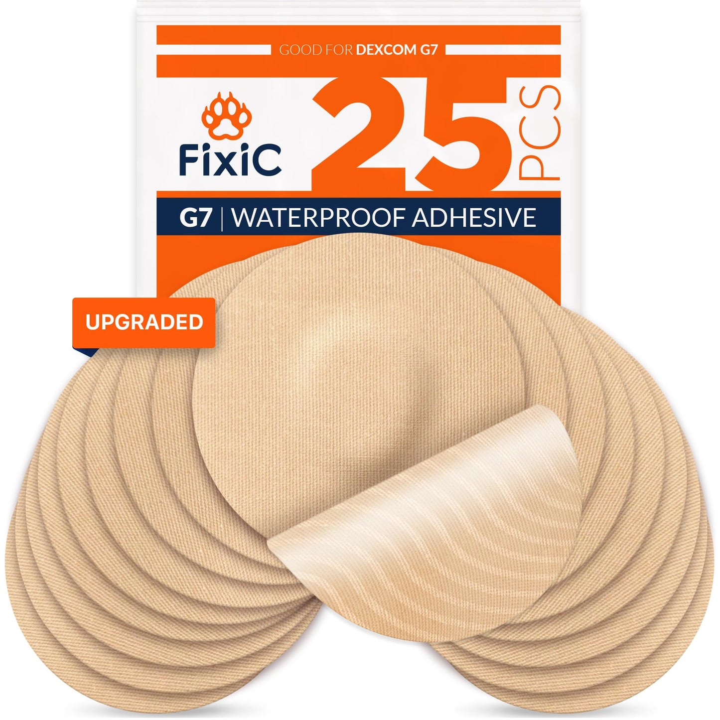 Fixic G7 Over Patches - 25 Pack - Premium Adhesive Patches Compatible with Dexcom G7 & Stelo CGMs - Waterproof Adhesive - Pre-Cut Back Paper - Long Fixation for Your Sensor! (Upgraded, Tan)