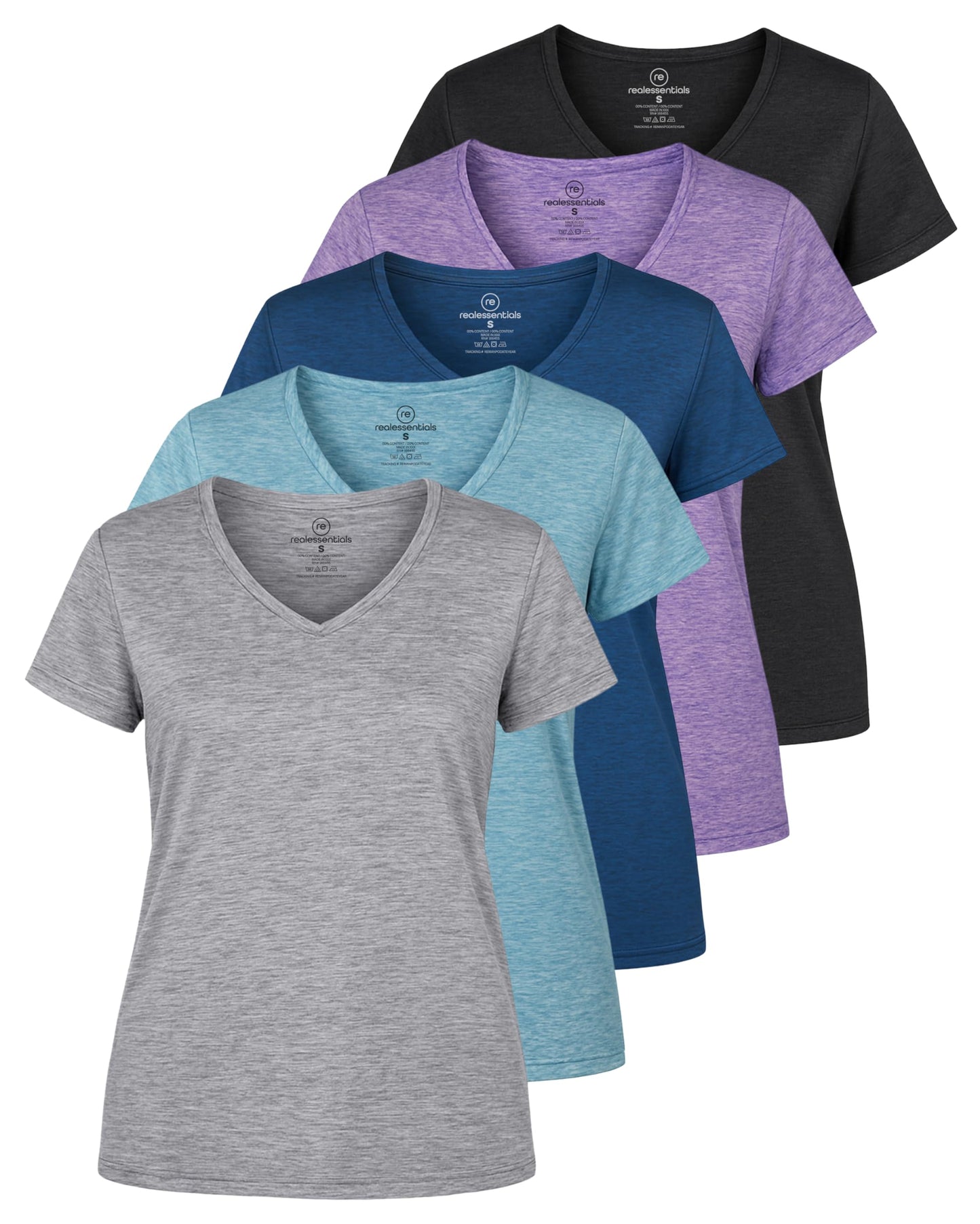 Real Essentials 5 Pack: Women's Dry-Fit Short Sleeve V Neck T Shirt Workout Fitness Yoga Top Tee, Set 1, M