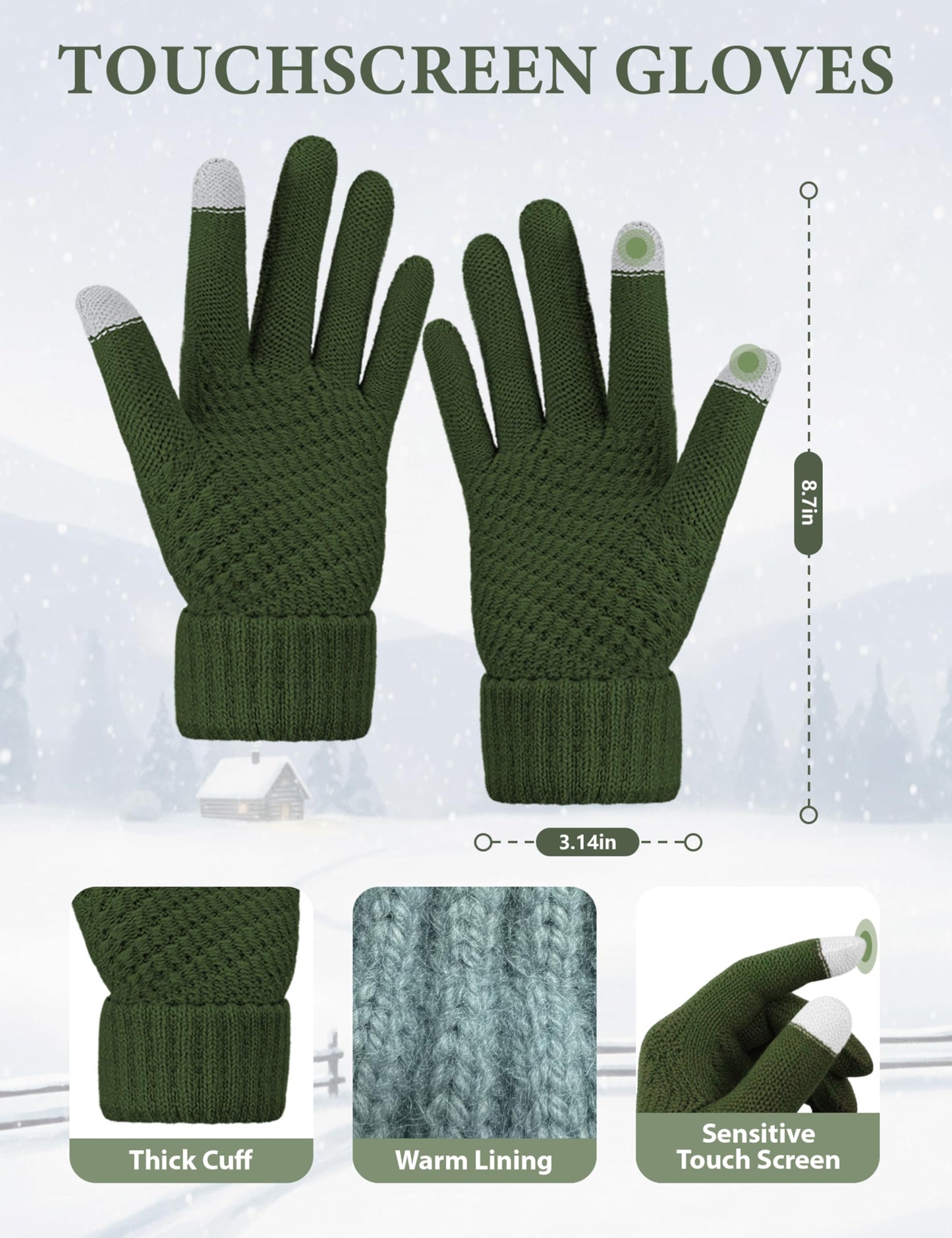4 PCS White Variegated Winter Accessories for Women, Knit Beanie with Pom Poms Scarf Touch Screen Golves and Ear Warmer