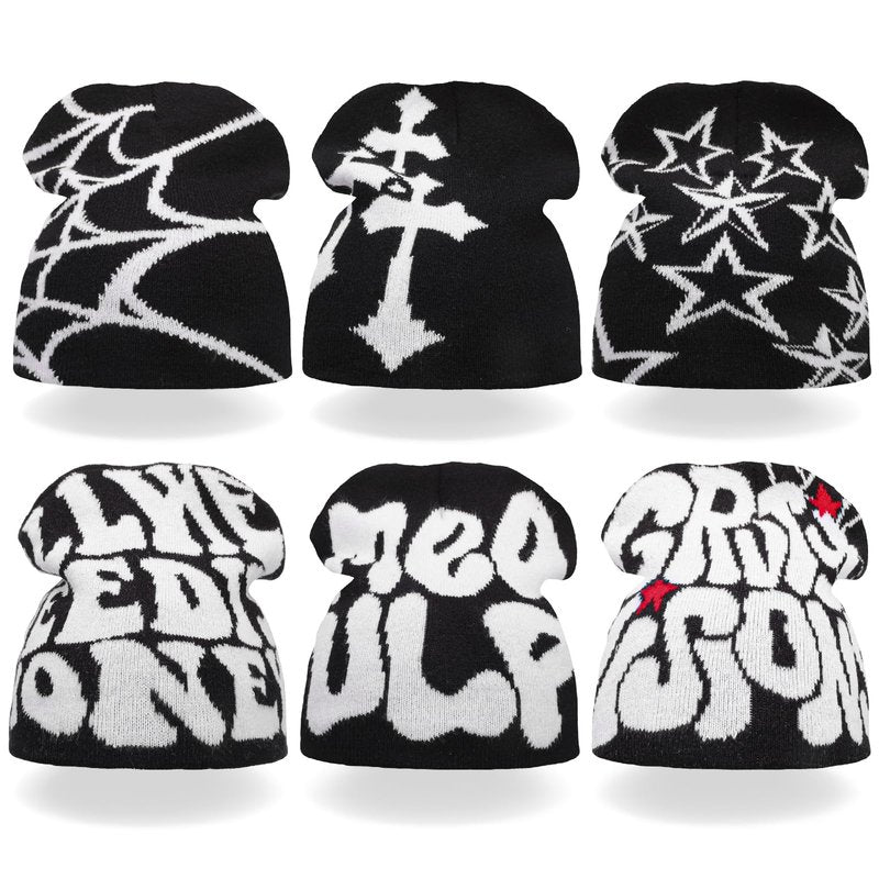 6 Pcs Y2K Knitted Beanies Spider Web Star Letters Pattern Beanie Cross Graphics Knitted Hat Casual Streetwear Outdoor Sports Trend Beanie for Men Women Black