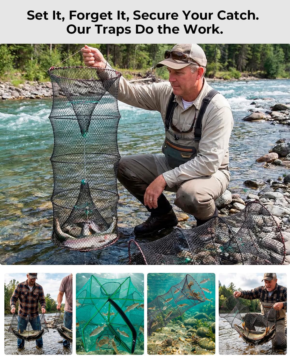 Collapsible Crab Trap - 3 Pack Hexagon Crawfish & Bait Net | 12"x21" with 1" Entry Holes, Portable Galvanized Steel