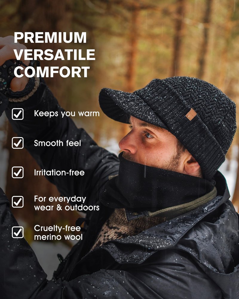 TOP-EX DryKnit™ Waterproof Merino Wool Visor Beanie with Brim & Fleece Neck Warmer Set – Warm Winter Knit Hat for Men & Women Cold Weather Ski Hiking Golf Black M/L