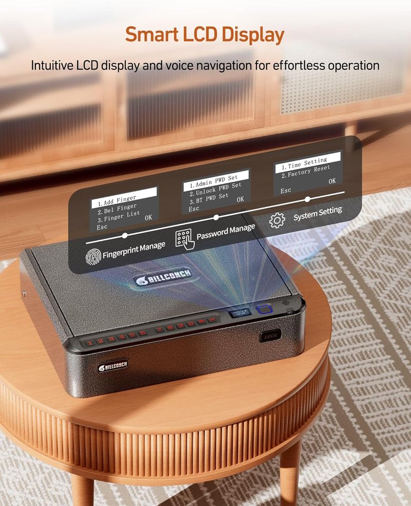 Smart Gun Safe - Biometric Pistol Safe with 4 Access Methods, LCD & Voice Guide | Nightstand & Car Security