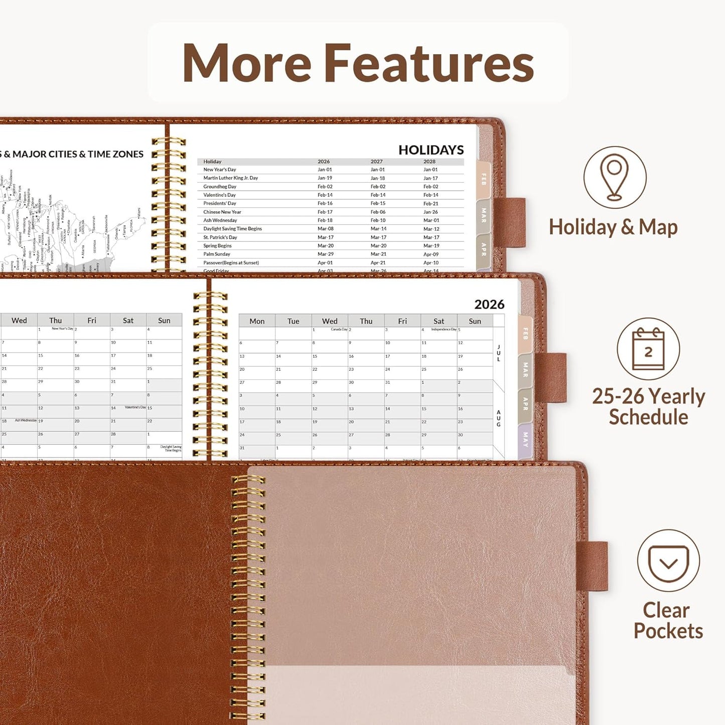 Weekly & Monthly Planner 2026 - Vegan Leather Cover, Pocket, Bookmark | 6.4"x8.5", Brown