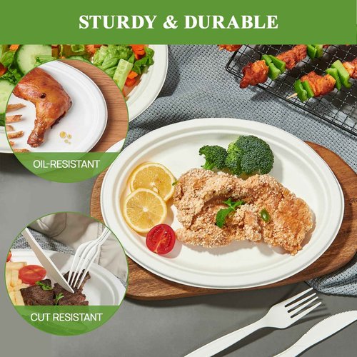 Vplus 300 Pack 100% Compostable Oval Paper Plates 12 inch Super Strong Disposable Paper Plates Bagasse Natural Biodegradable Eco-Friendly Sugarcane for BBQ, Party, Dinner, and Picnic