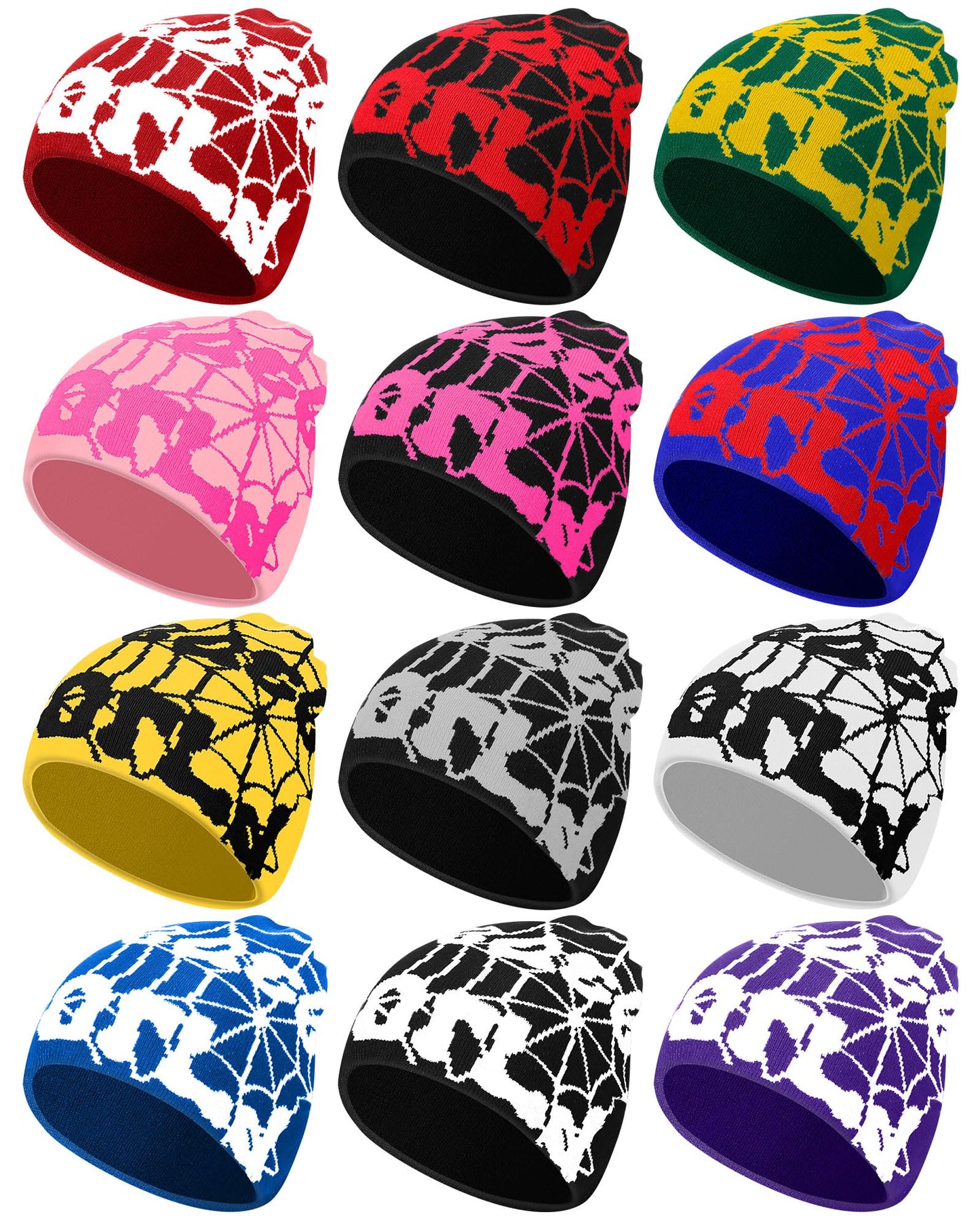 Toulite 12 Pieces Y2K Spider Web Beanie Gothic Graphic Beanies Outdoor Winter Warm Knitted Hat for Men Women(Multicolor,Novel)