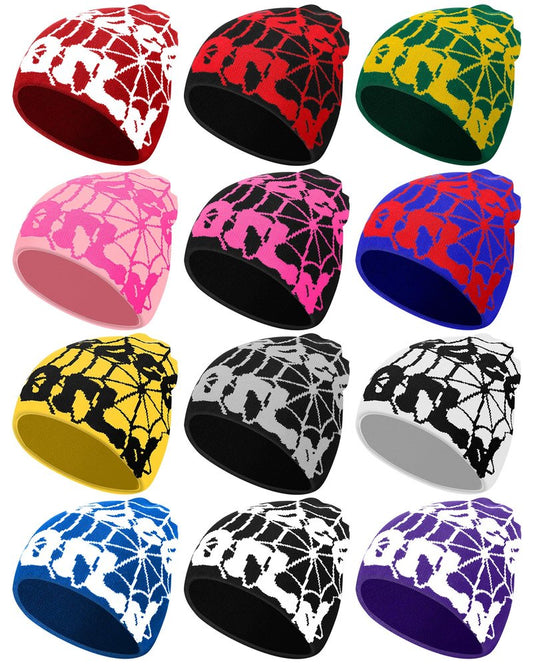 Toulite 12 Pieces Y2K Spider Web Beanie Gothic Graphic Beanies Outdoor Winter Warm Knitted Hat for Men Women(Multicolor,Novel)
