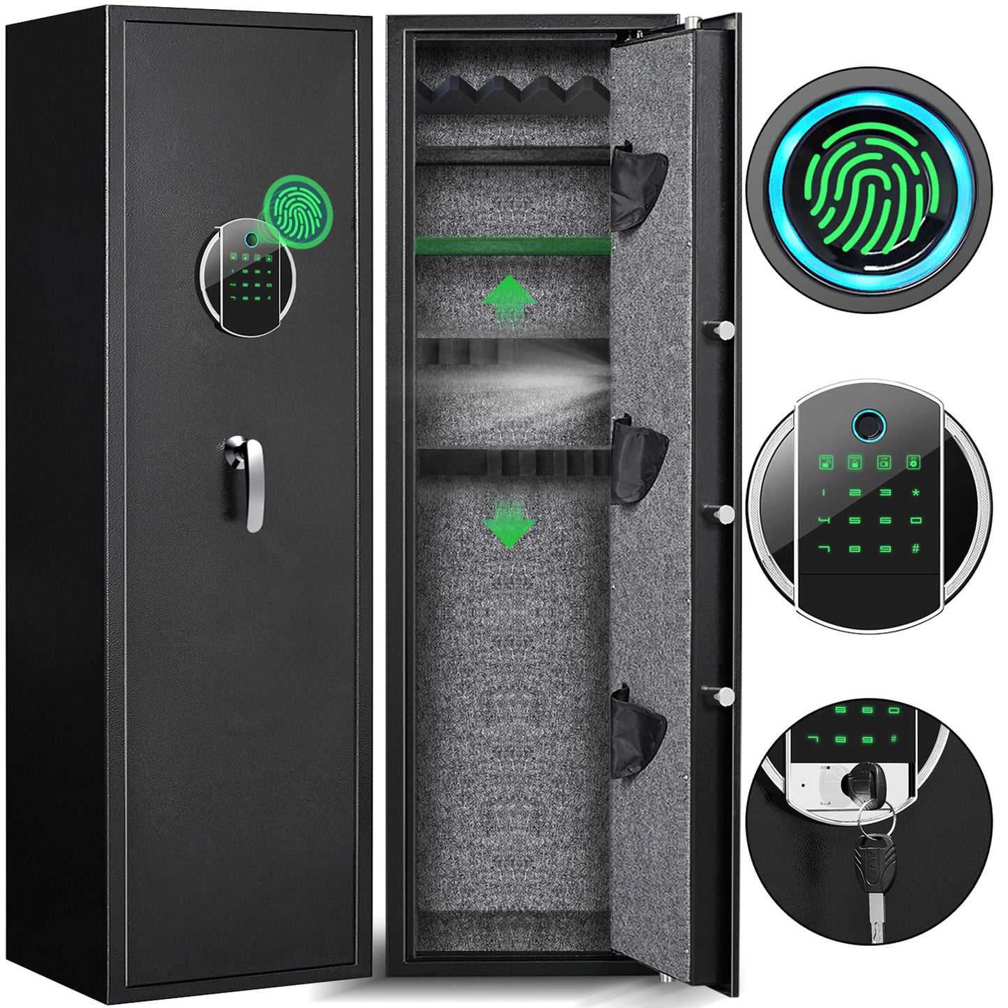 Omethey 57.09‘’ Fireproof Gun Safe, Quick Access 5 Gun Biometric Fingerprint Rifle Gun Safe, Gun Safe for Home Rifle and Pistols with LCD Screen Keypad and Silent Mode