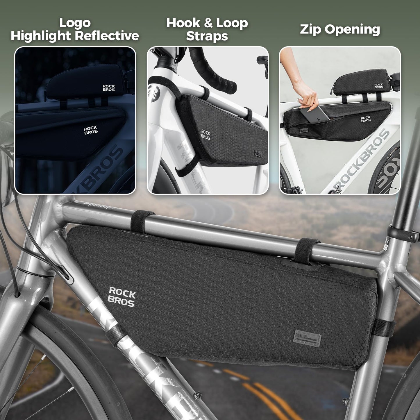 ROCKBROS Bike Frame Bag 2.9L Large Capacity Bike Storage Bag Waterproof Under Top Tube Bike Bag，Narrow Edge Bike Pouch for Mountain & Road Bike