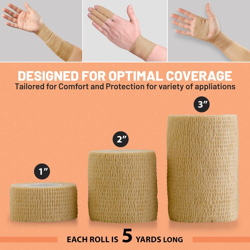 6 Pack, Self Adherent Cohesive Tape - 1” 2" 3" x 5 Yards Combo Pack, (Light Tan Shade) Self Adhesive Bandage Rolls & Sports Athletic Wrap for Ankle, Wrist, Sprains