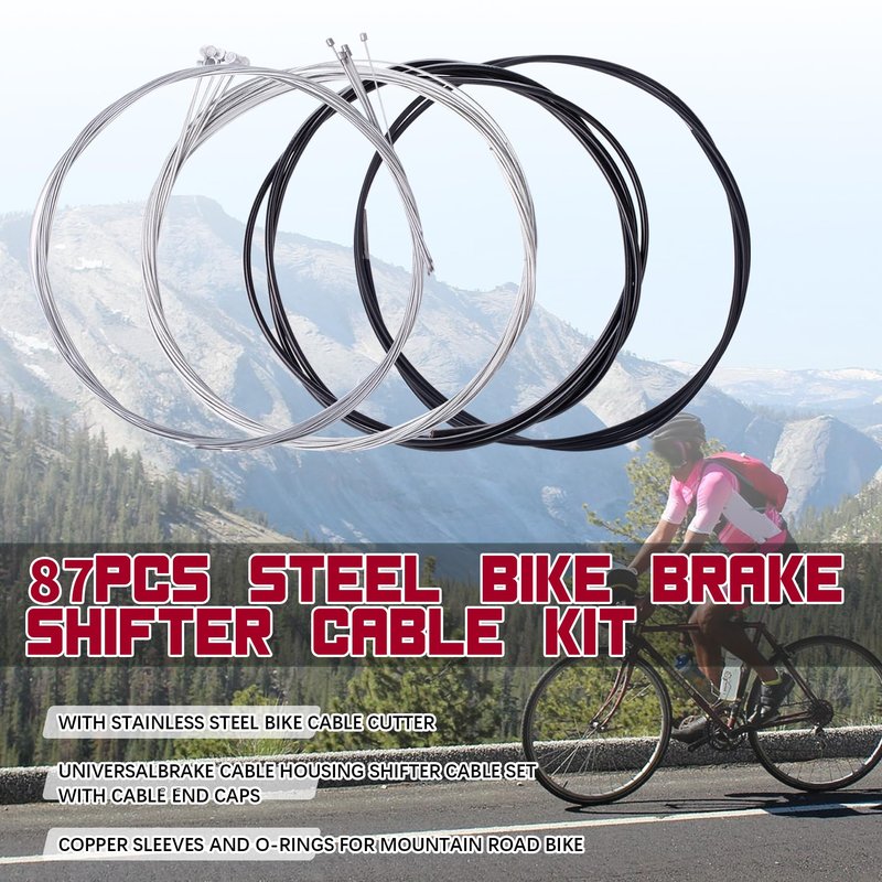 87Pcs Steel Bike Brake Shifter Cable Kit with Stainless Steel Bike Cable Cutter,UniversalBrake Cable Housing Shifter Cable Set with Cable End Caps,Copper Sleeves and O-Rings for Mountain Road Bike